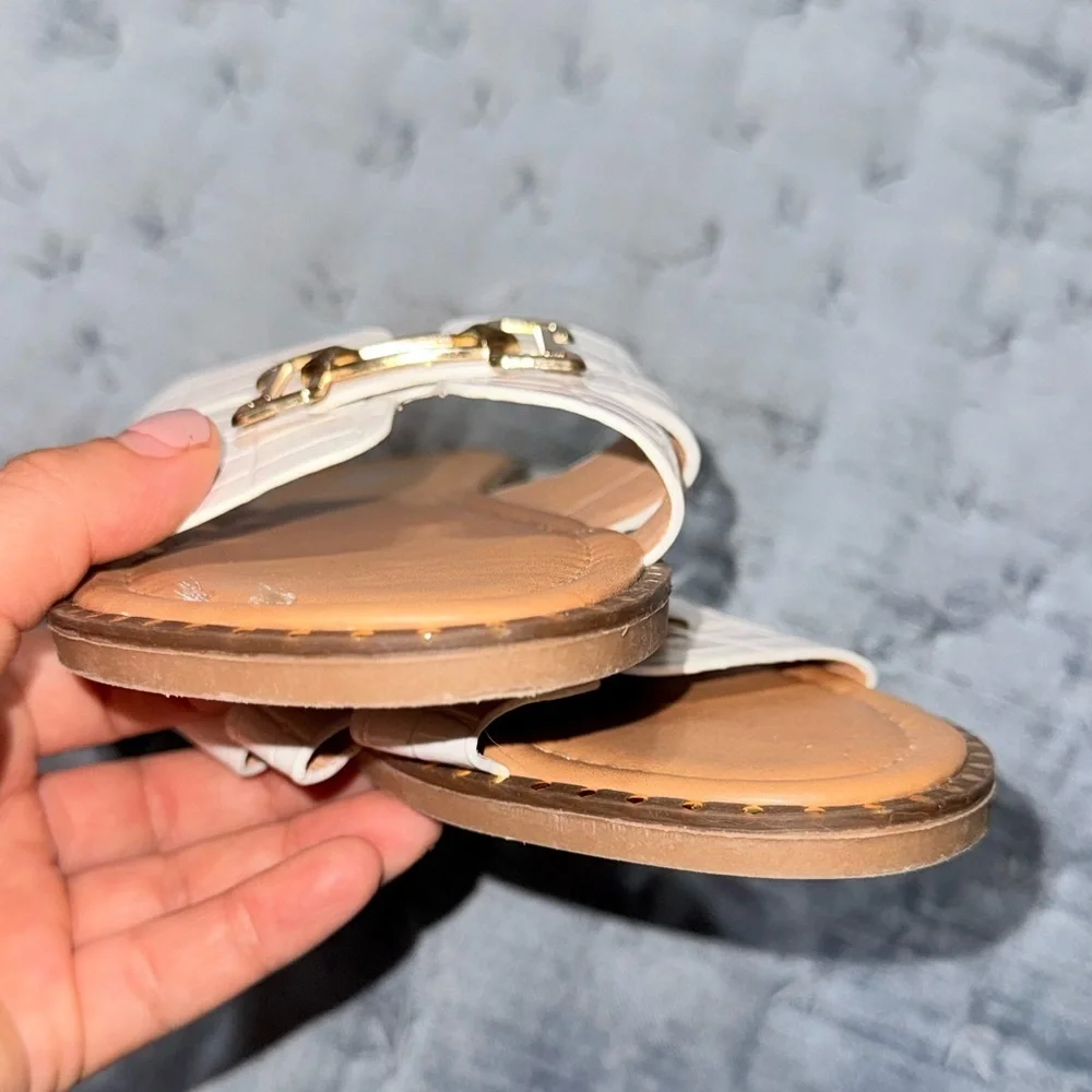 Shein Wide Fit H-Shaped Open Toe White Slip On Sandals With Gold Embellishments
